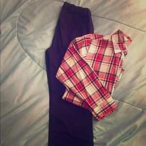 Holiday outfit, button up shirt and black pants.